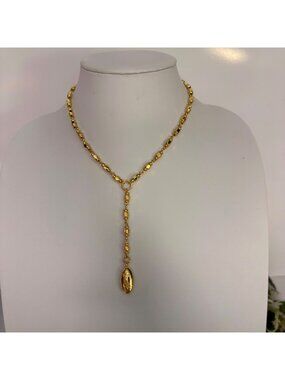 Gold Tone Lariat Necklace Star Engraved Drop Pendant 16.5 Inches Classic Elegant